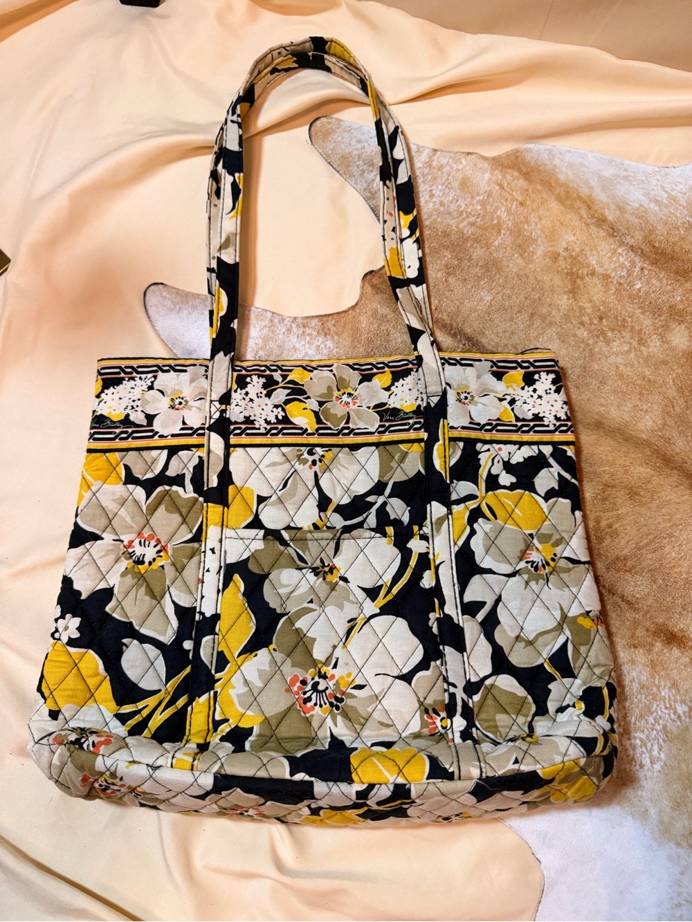 Vera Bradley Quilted Floral Tote in Yellow, Black & Cream